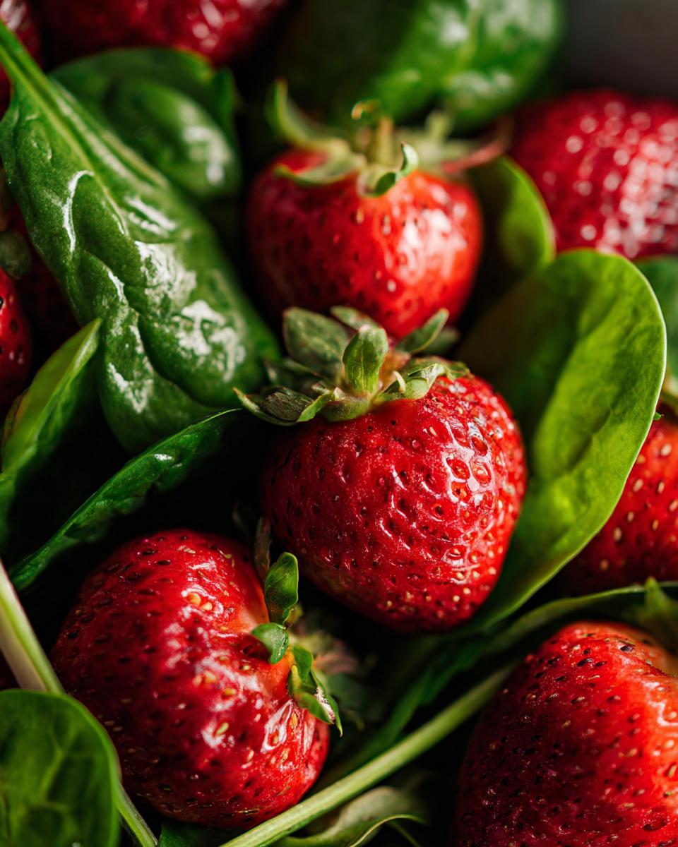 Close-up of fresh strawberries and vibrant spinach leaves, key ingredients for a refreshing strawberry spinach salad.