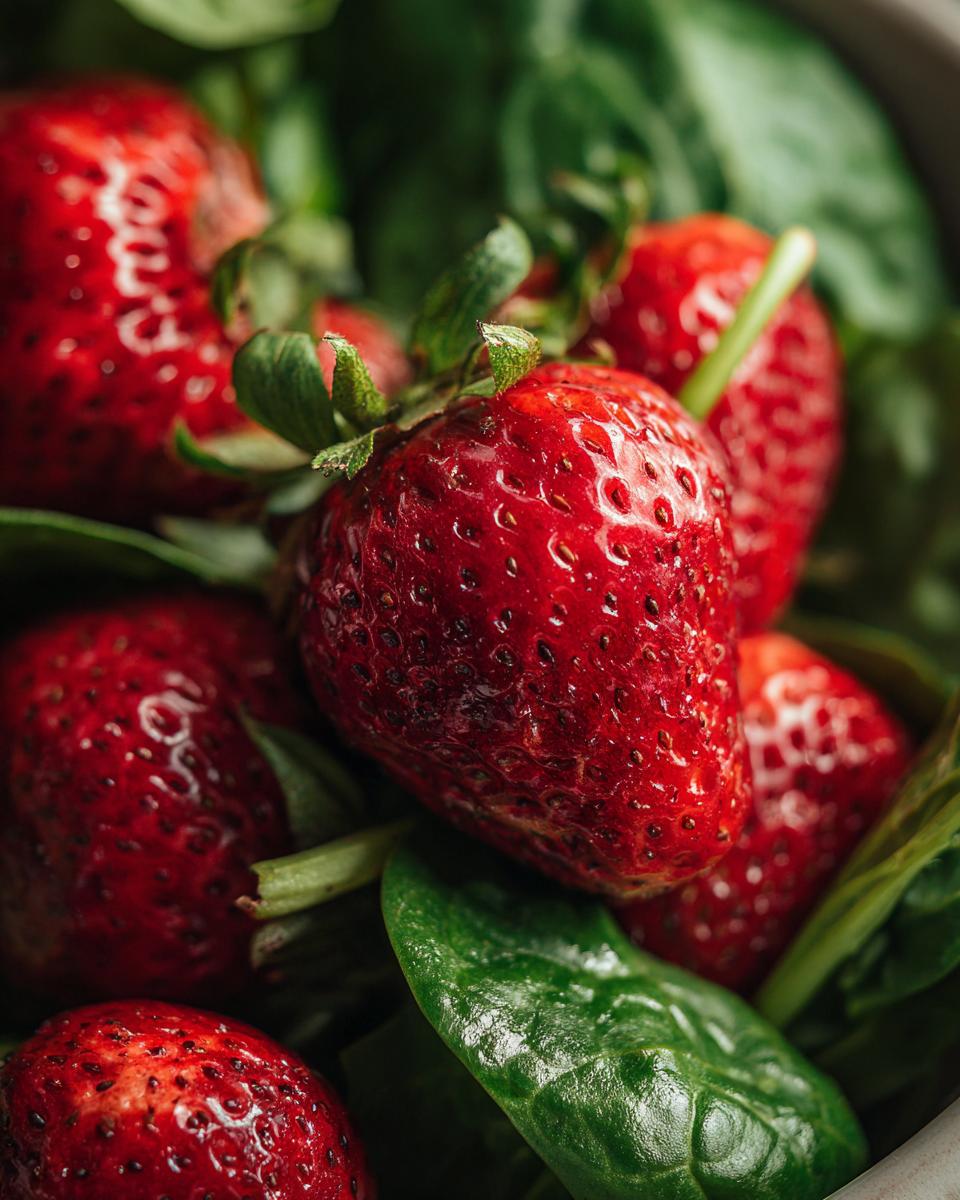 Close-up of fresh strawberries and spinach leaves, key ingredients for a refreshing summer salad.