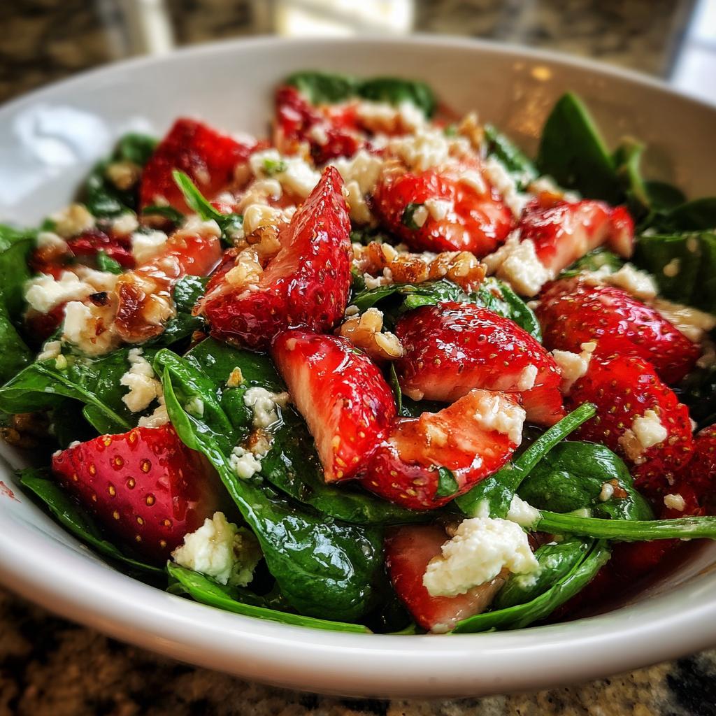 A vibrant bowl of strawberry spinach salad with crumbled feta cheese and walnuts, showcasing the refreshing combination.