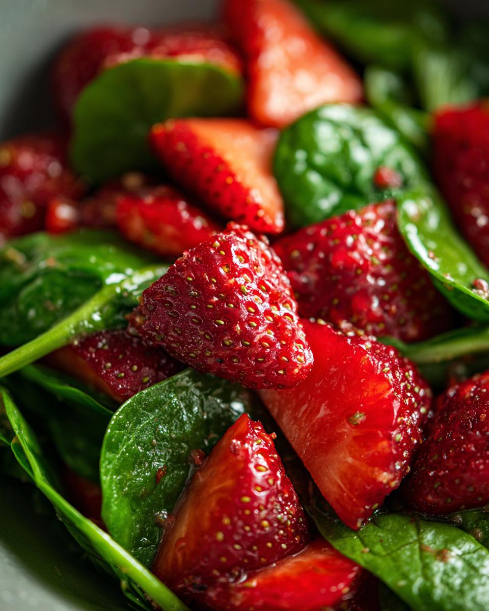 Close-up of a vibrant strawberry spinach salad, showcasing fresh strawberries and green spinach leaves.