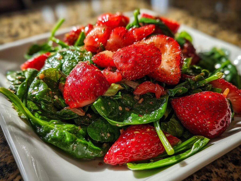 Close-up of a vibrant strawberry spinach summer salad, showcasing fresh strawberries and crisp spinach leaves.