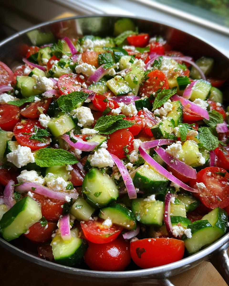 A refreshing summer salad with cucumber, tomato, feta cheese, red onion, and mint.