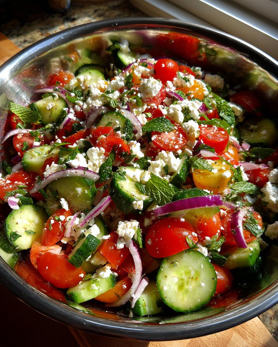 A refreshing summer salad with cucumber, tomato, feta cheese, and red onion in a metal bowl.