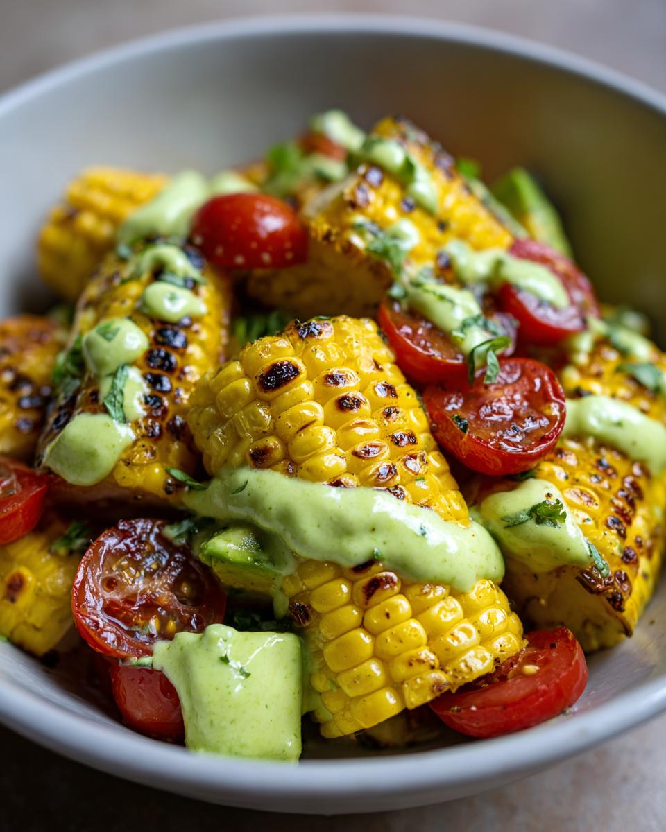 Close-up of a summer salad featuring grilled corn, cherry tomatoes, and avocado, drizzled with avocado lime dressing.
