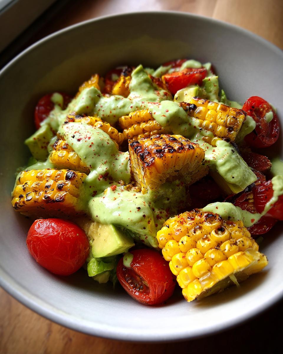 A vibrant summer salad featuring grilled corn, cherry tomatoes, avocado, and a creamy avocado lime dressing.