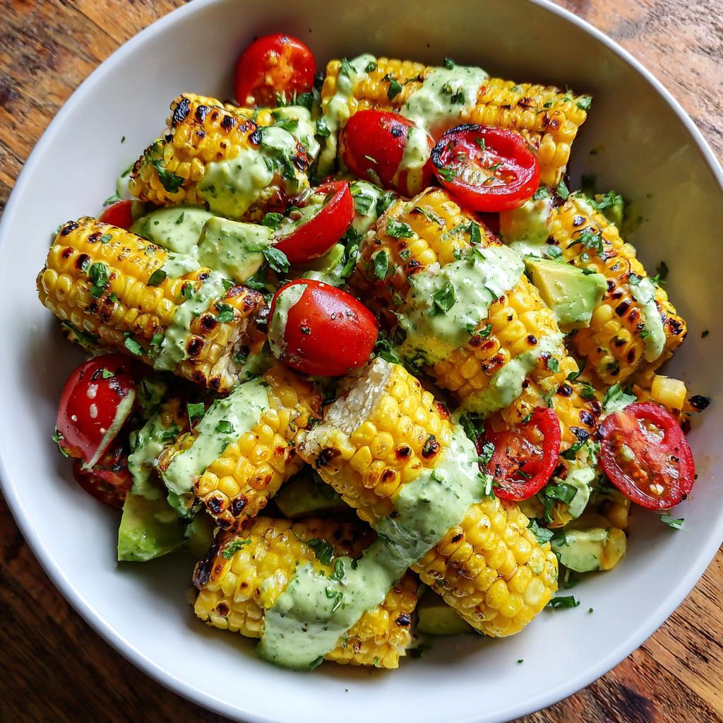 A vibrant bowl of summer salad featuring grilled corn, cherry tomatoes, avocado, and drizzled with avocado lime dressing.