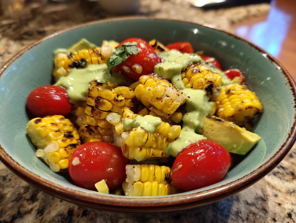A bowl of summer salad featuring grilled corn, cherry tomatoes, avocado, and a creamy avocado lime dressing.