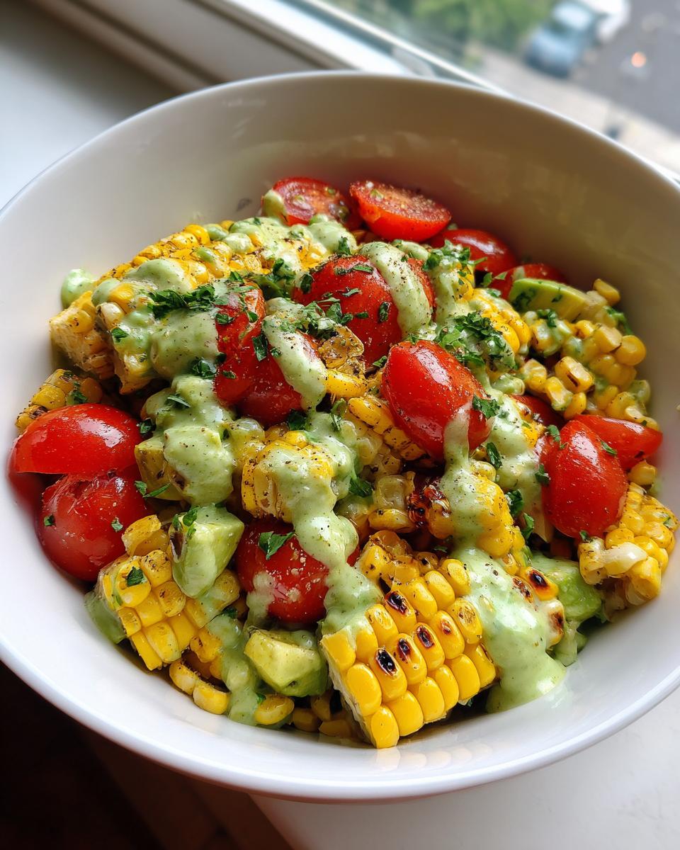 Close-up of a summer salad featuring grilled corn, cherry tomatoes, and avocado chunks, drizzled with avocado lime dressing.