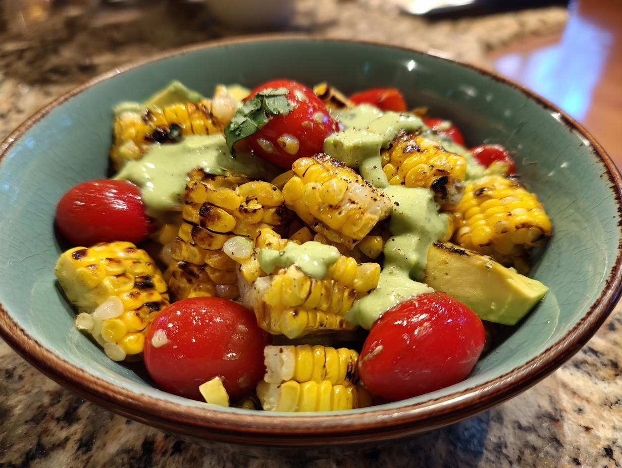 A bowl of summer salad featuring grilled corn, cherry tomatoes, avocado, and a creamy avocado lime dressing.