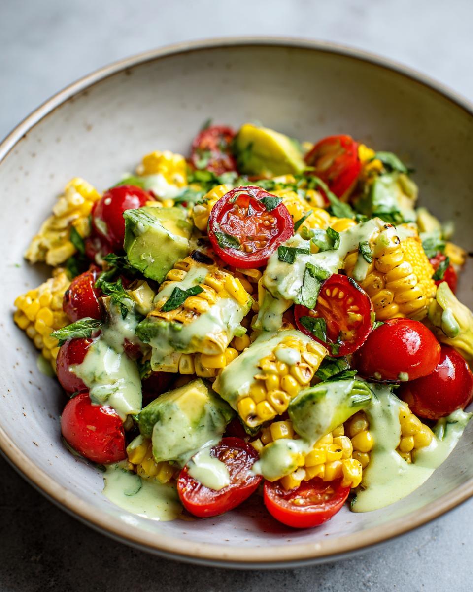 Close-up of a vibrant summer salad featuring grilled corn, avocado, and cherry tomatoes, drizzled with avocado lime dressing.