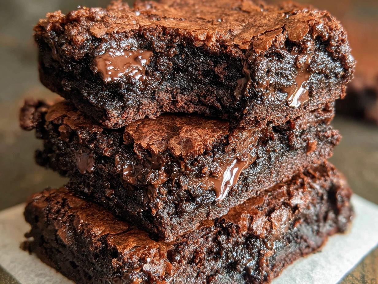 A stack of three rich, dark Tasty Zero Sugar Brownies with melted chocolate chips visible.