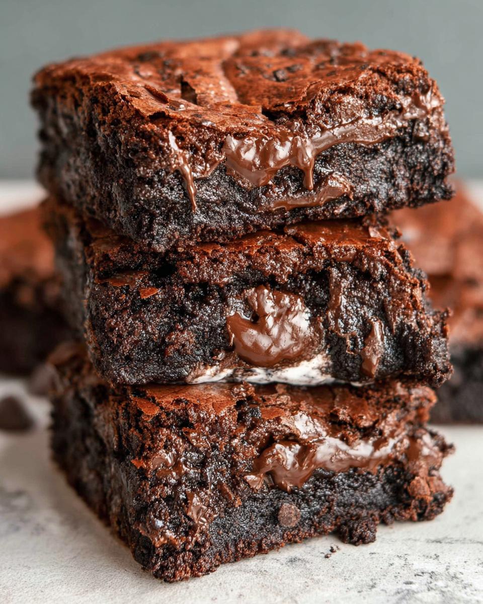 A stack of three rich, fudgy Tasty Zero Sugar Brownies with melted chocolate oozing out.