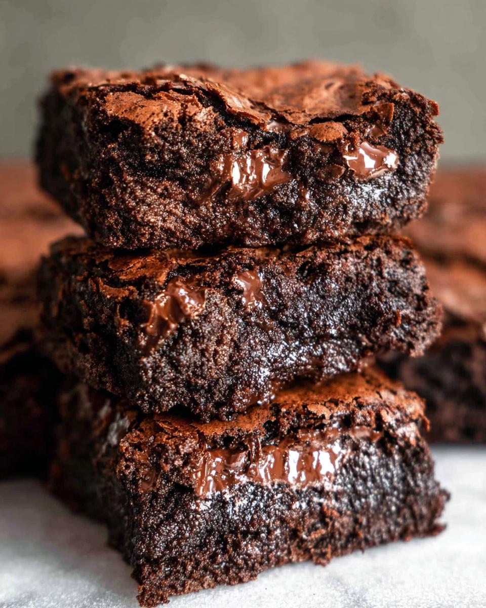 A stack of three rich, dark chocolate Tasty Zero Sugar Brownies with melted chocolate chips visible.