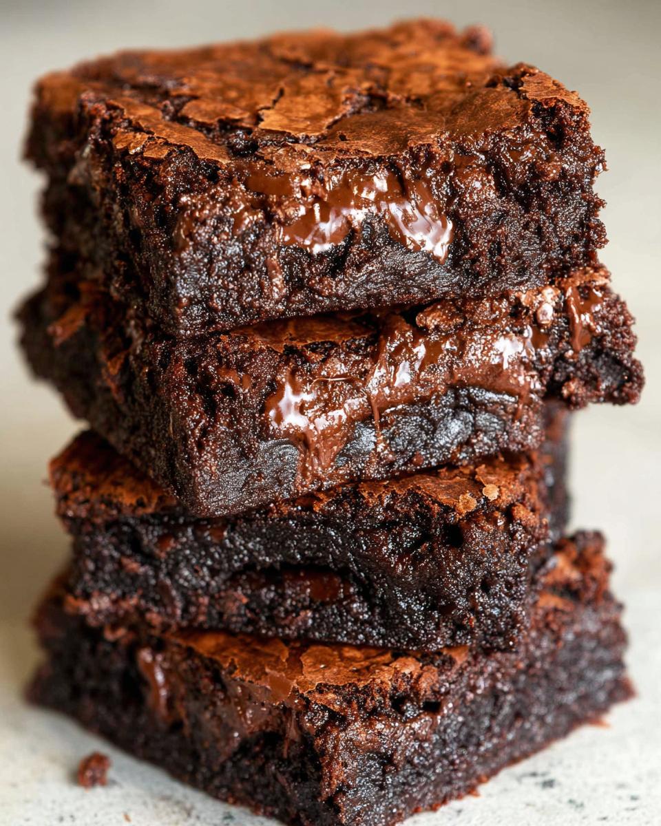 A stack of four rich, fudgy Tasty Zero Sugar Brownies with melted chocolate chips.