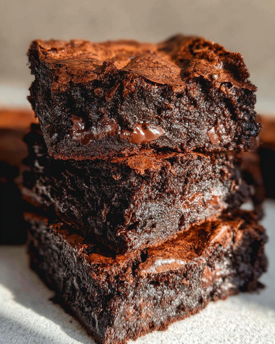 A close-up stack of three fudgy, rich, Tasty Zero Sugar Brownies with visible chocolate chips.
