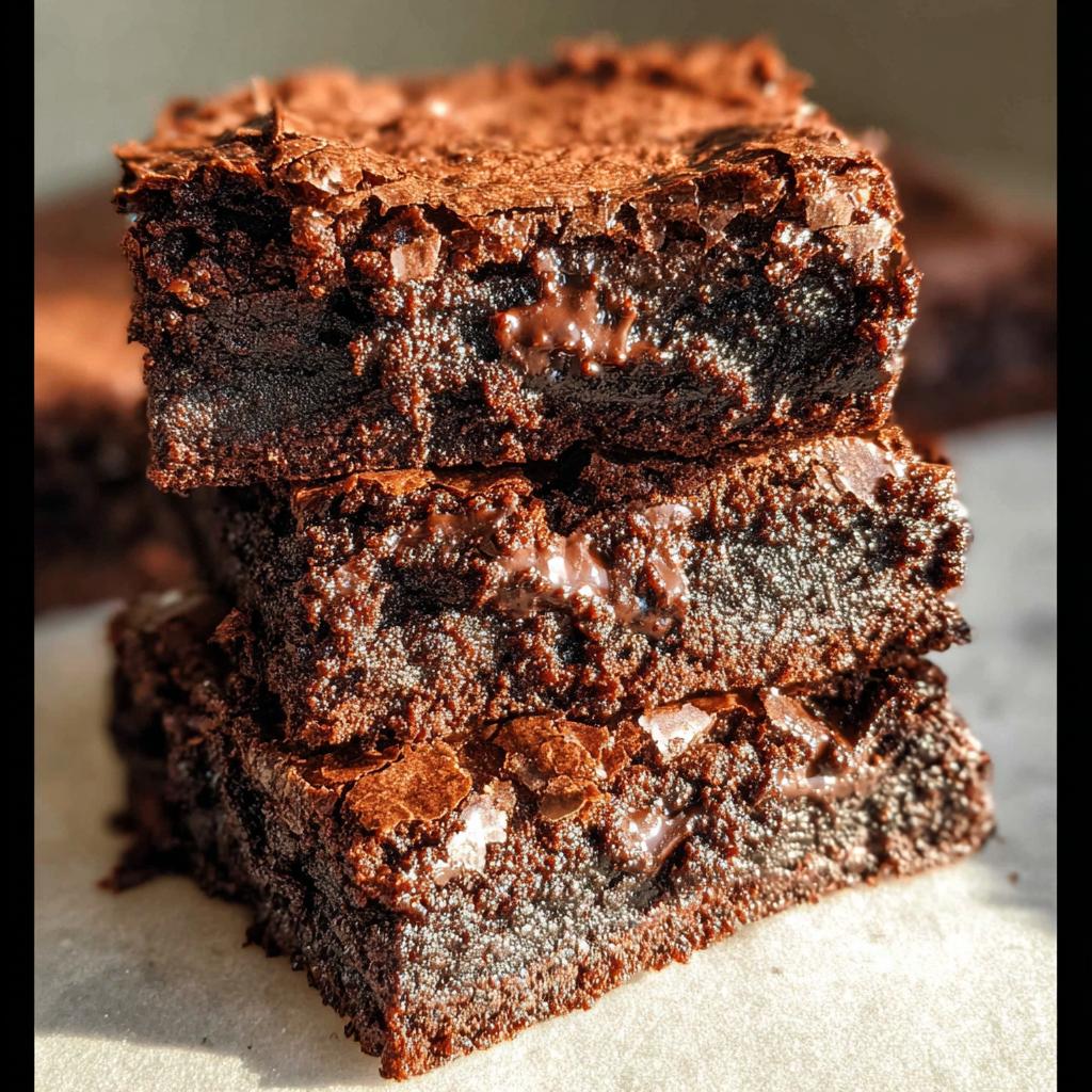 A stack of three rich, fudgy Tasty Zero Sugar Brownies with visible melted chocolate chips.