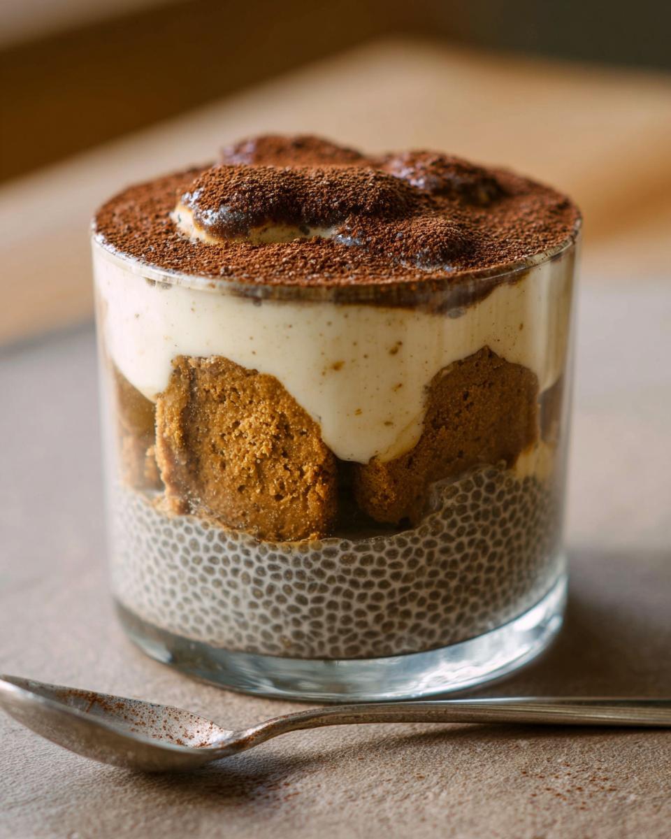 A close-up of Tiramisu Chia Pudding layered in a glass, topped with cocoa powder.