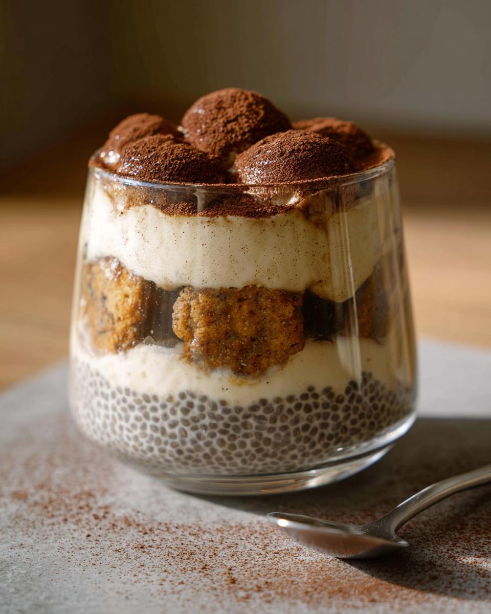 A layered Tiramisu Chia Pudding in a glass, topped with cocoa powder and ladyfingers.