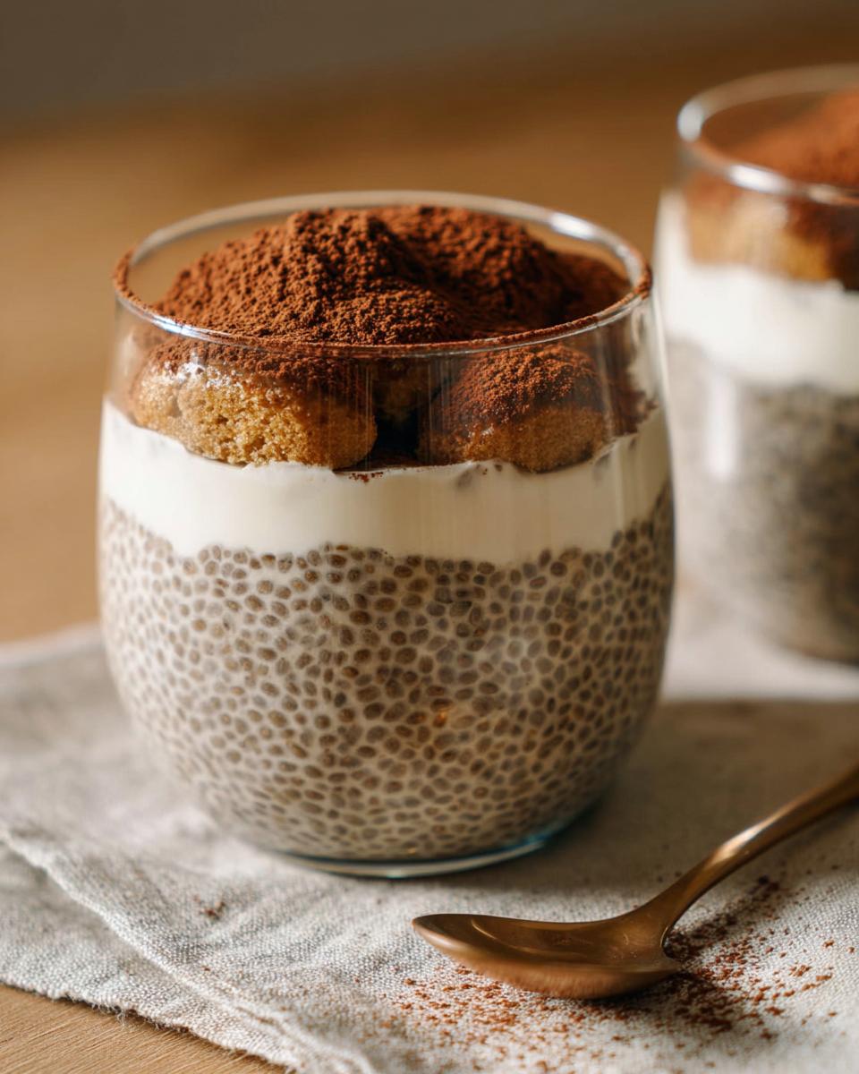 Close-up of Tiramisu Chia Pudding layered in a glass with ladyfingers and cocoa powder.