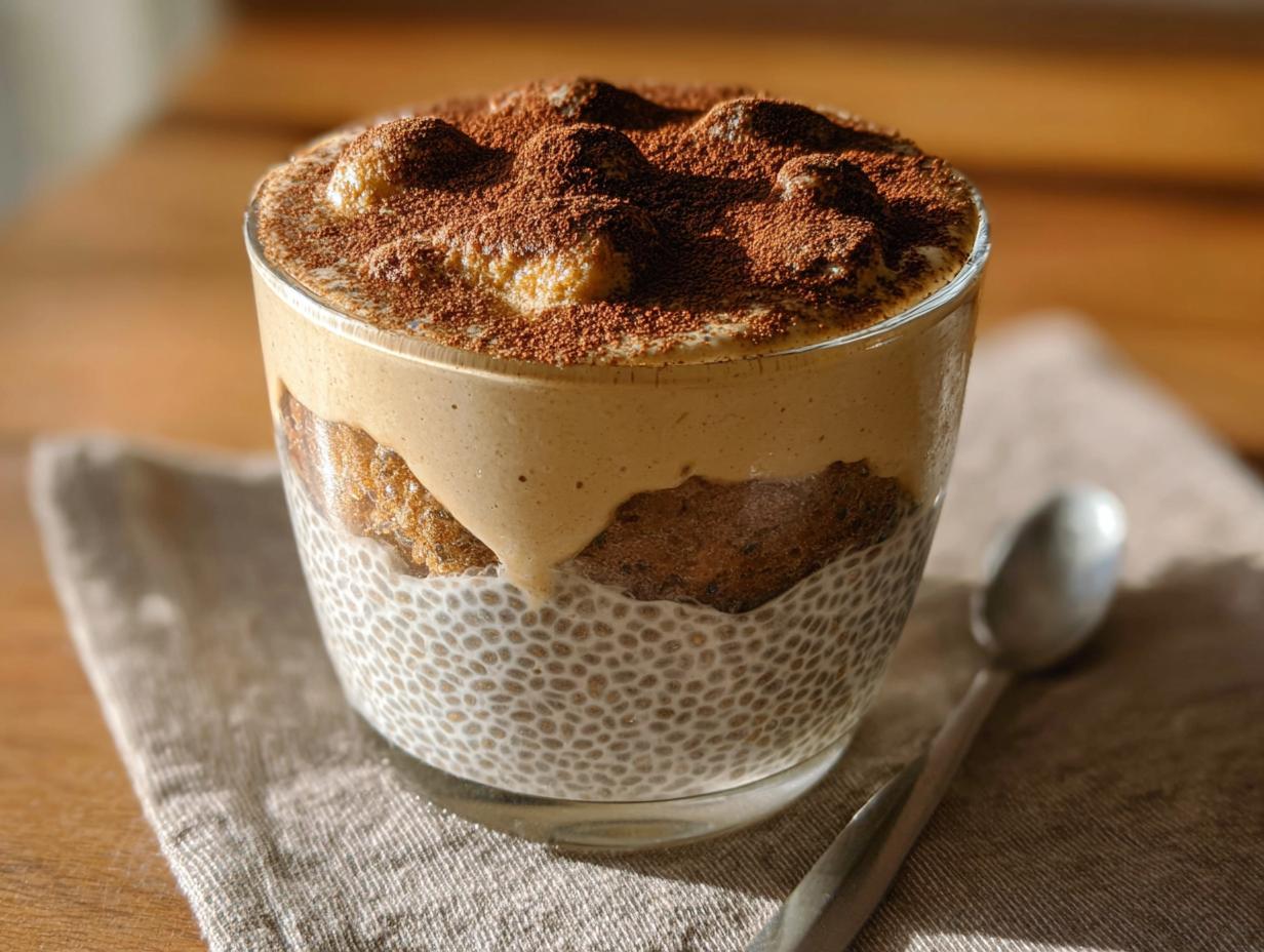 A layered Tiramisu Chia Pudding in a glass, topped with cocoa powder and a spoon on the side.