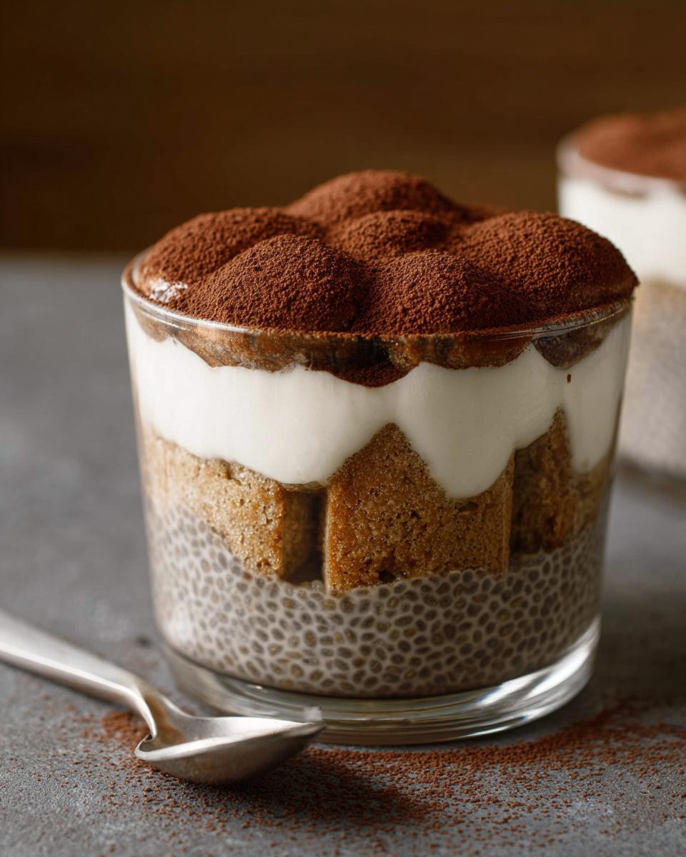 A layered Tiramisu Chia Pudding in a glass, featuring chia seeds, cake pieces, cream, and cocoa powder.
