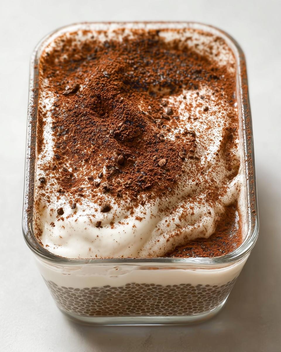 Close-up of Tiramisu Chia Pudding with Greek Yogurt, topped with cocoa powder.