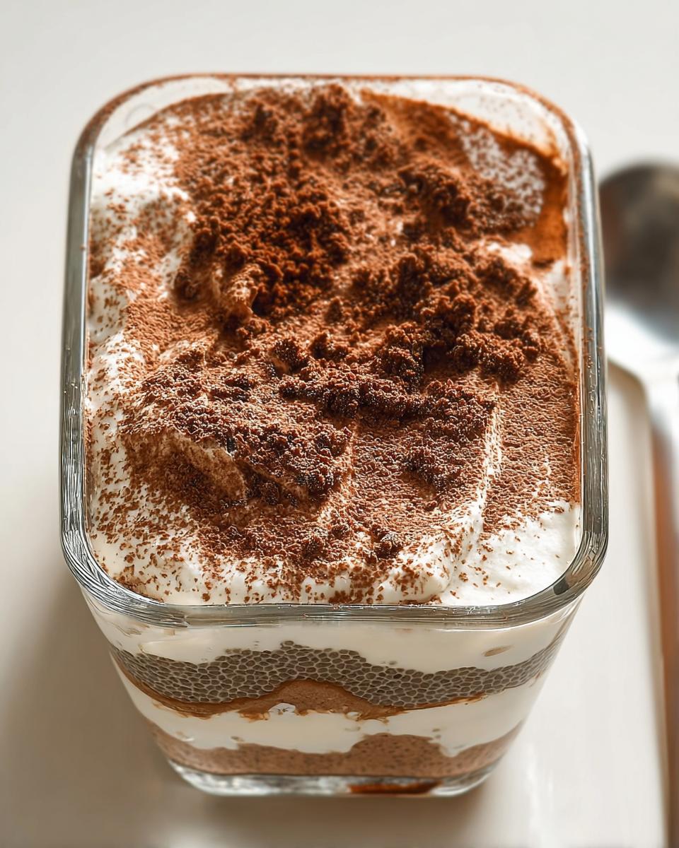 Close-up of Tiramisu Chia Pudding with Greek Yogurt in a glass dish, topped with cocoa powder.