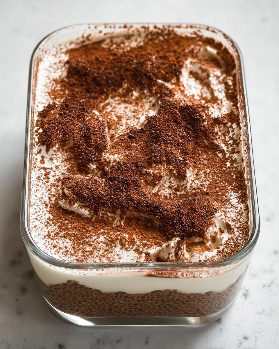 A glass dish filled with Tiramisu Chia Pudding with Greek Yogurt, topped with whipped cream and cocoa powder.