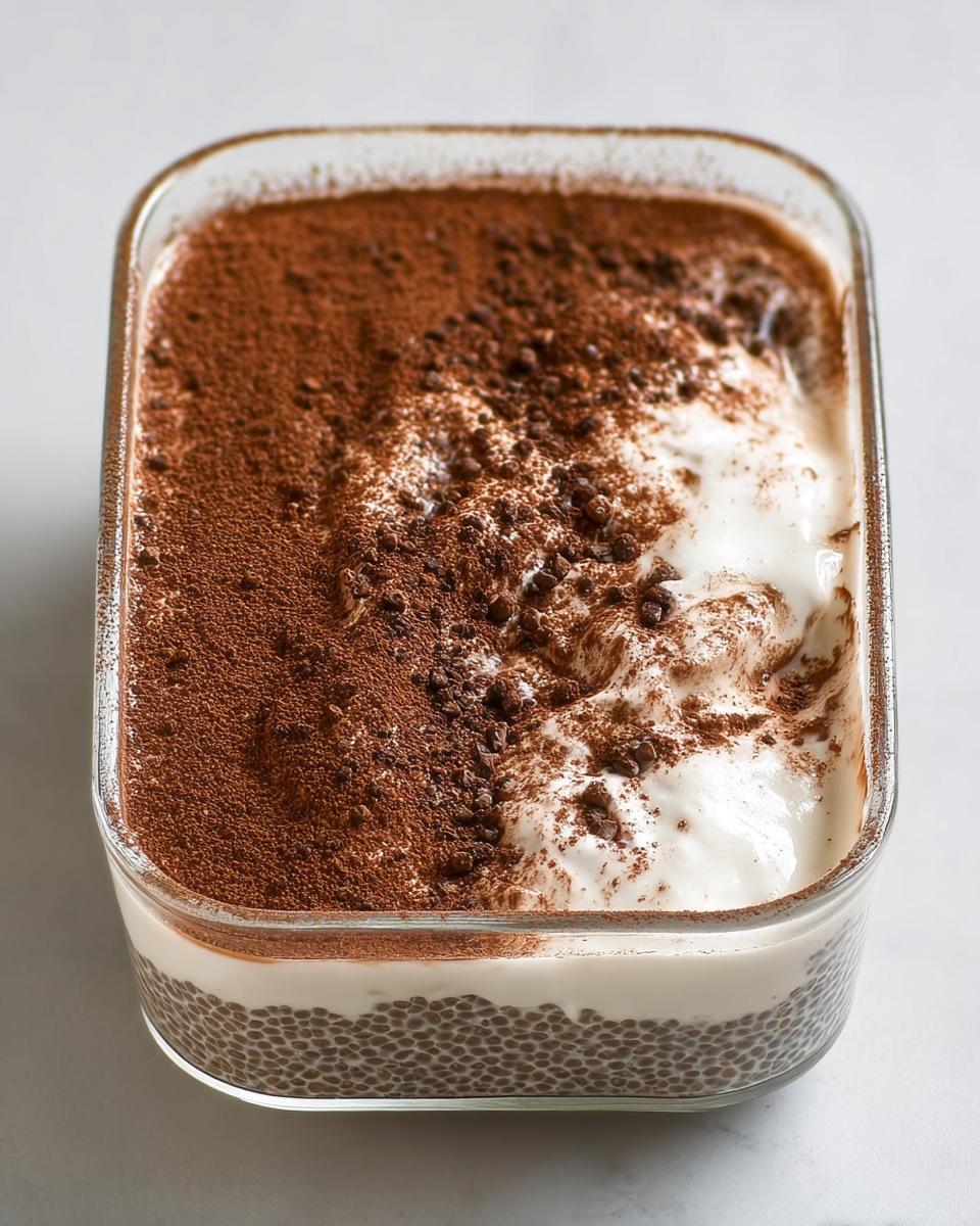 A close-up of Tiramisu Chia Pudding with Greek Yogurt, topped with cocoa powder and chocolate shavings.