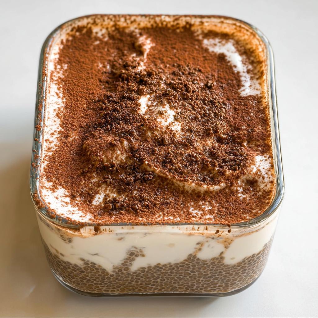 A close-up of Tiramisu Chia Pudding with Greek Yogurt, topped with cocoa powder and cream.