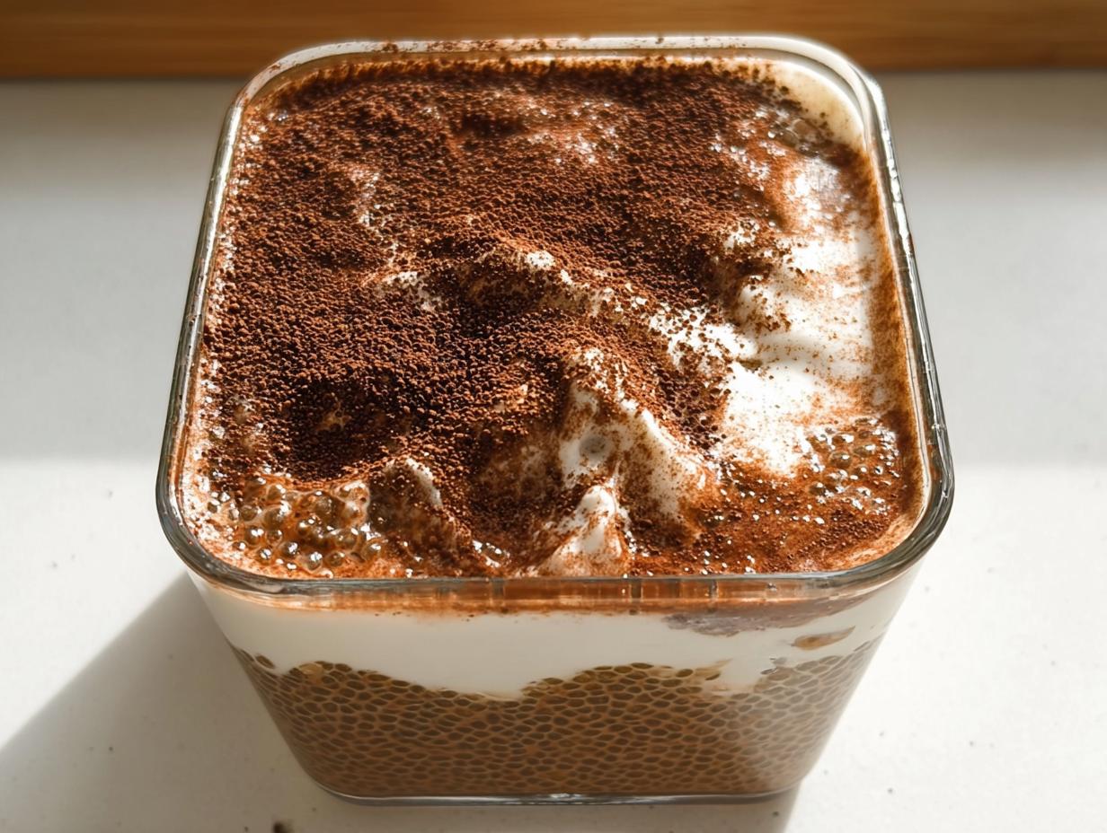 A close-up of Tiramisu Chia Pudding with Greek Yogurt topped with cocoa powder.