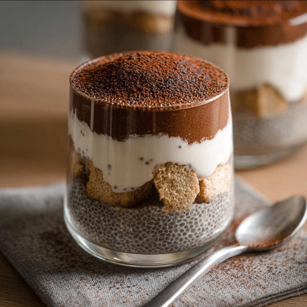 A layered Tiramisu Chia Pudding in a glass, topped with cocoa powder and coffee grounds.
