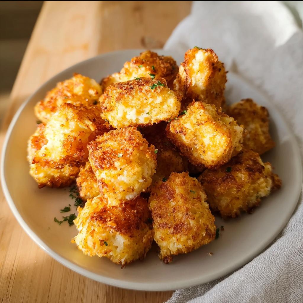 A pile of golden brown Two Ingredient Cottage Cheese Tots on a plate, sprinkled with parsley.
