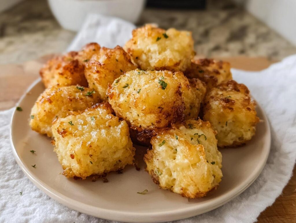 A plate of golden brown, crispy Two Ingredient Cottage Cheese Tots sprinkled with fresh herbs.