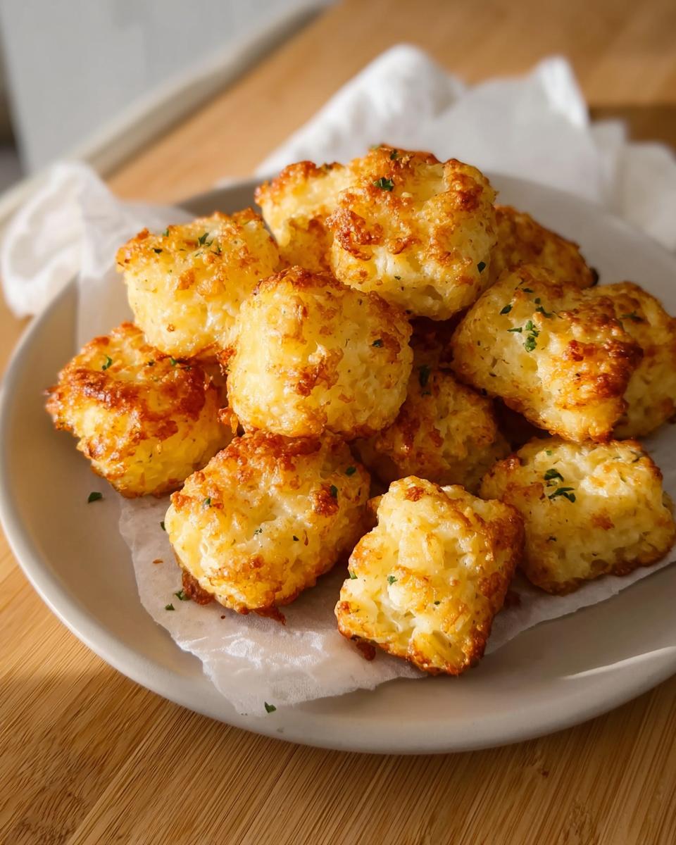A pile of golden brown Two Ingredient Cottage Cheese Tots sprinkled with parsley on a plate.