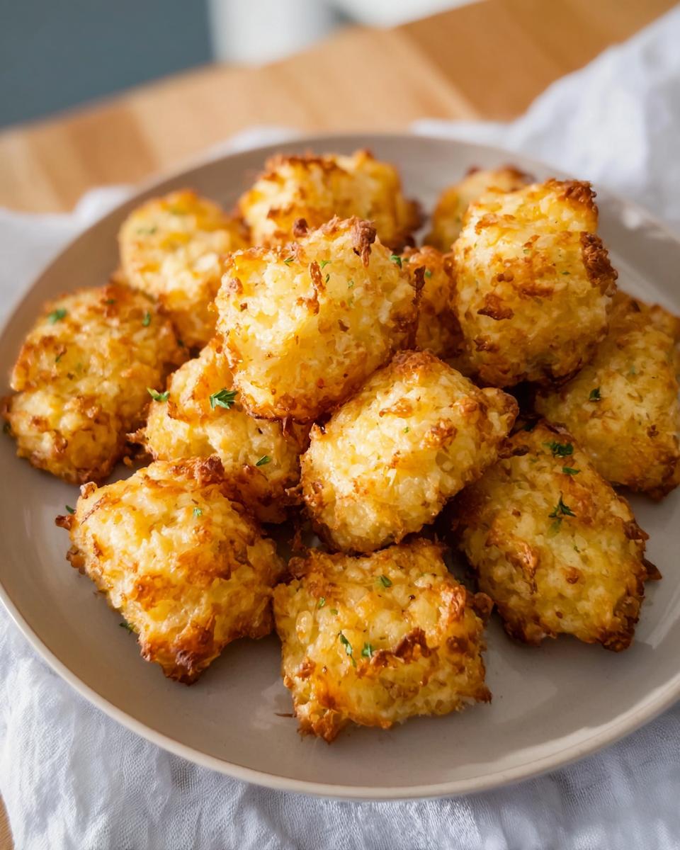A plate piled high with golden brown Two Ingredient Cottage Cheese Tots, lightly garnished with parsley.