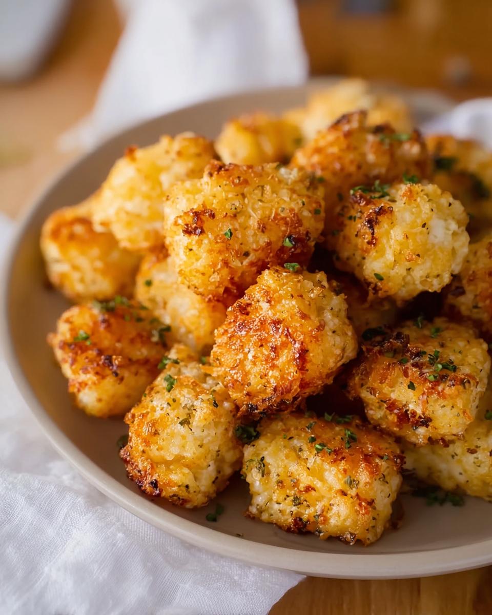 A close-up of a pile of golden-brown Two Ingredient Cottage Cheese Tots, sprinkled with fresh herbs.
