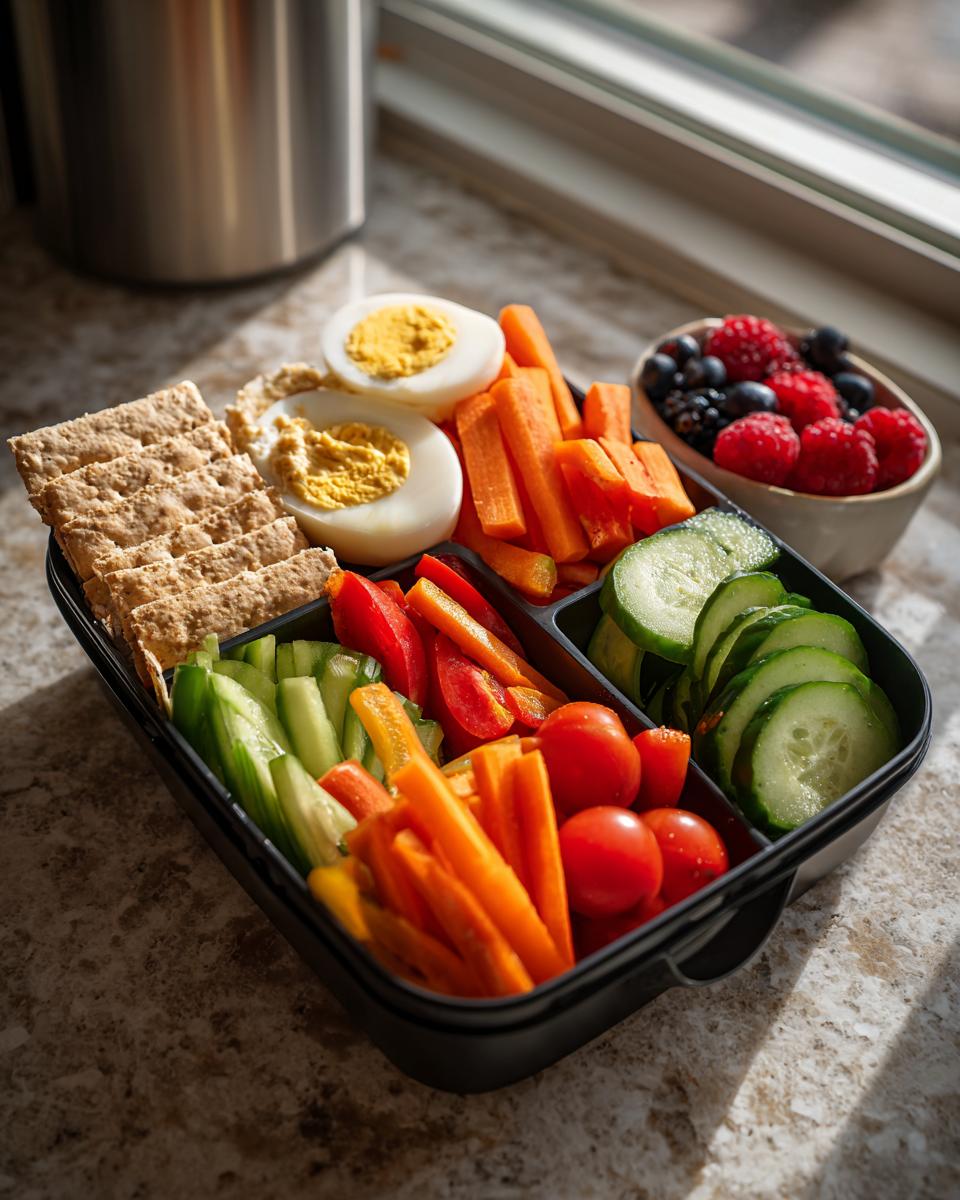 A healthy lunch bento box filled with veggie sticks, hard-boiled eggs, crackers, and berries, perfect for fast day ideas.