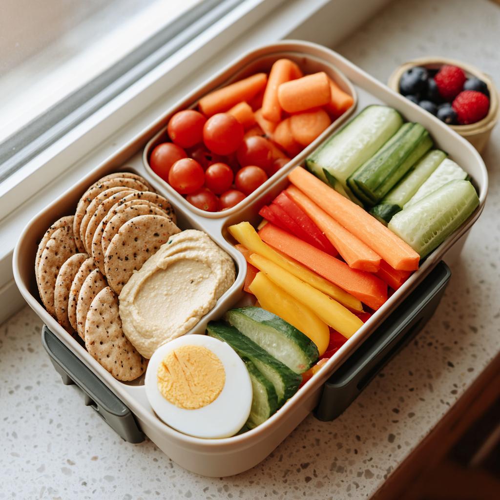 A bento box filled with healthy lunch ideas: veggie sticks, hummus, crackers, egg, and berries.