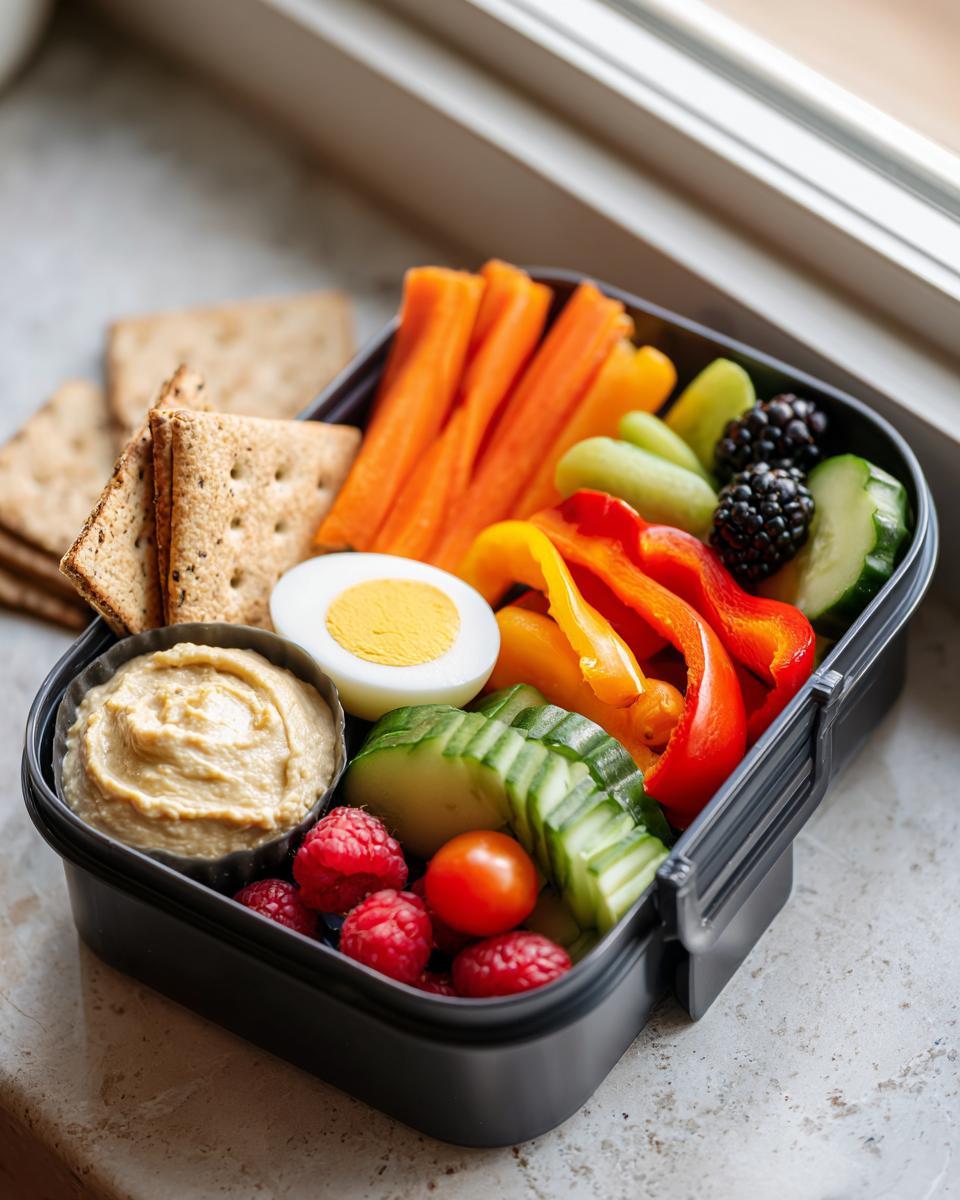A bento box filled with healthy lunch ideas: veggie sticks, hummus, egg, berries, and crackers.