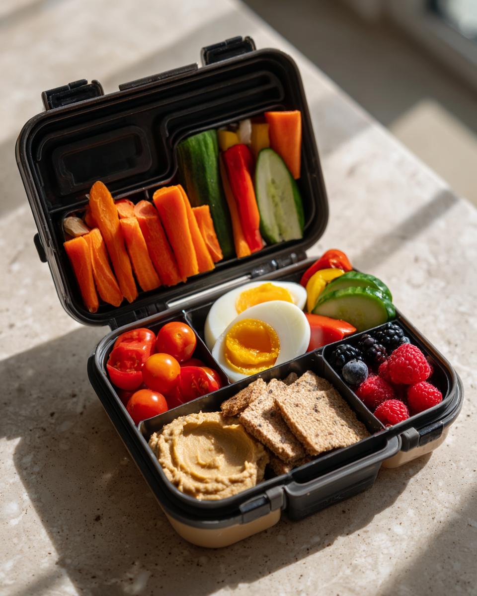 A bento box filled with healthy lunch ideas: veggie sticks, hummus, crackers, berries, cherry tomatoes, and a hard-boiled egg.