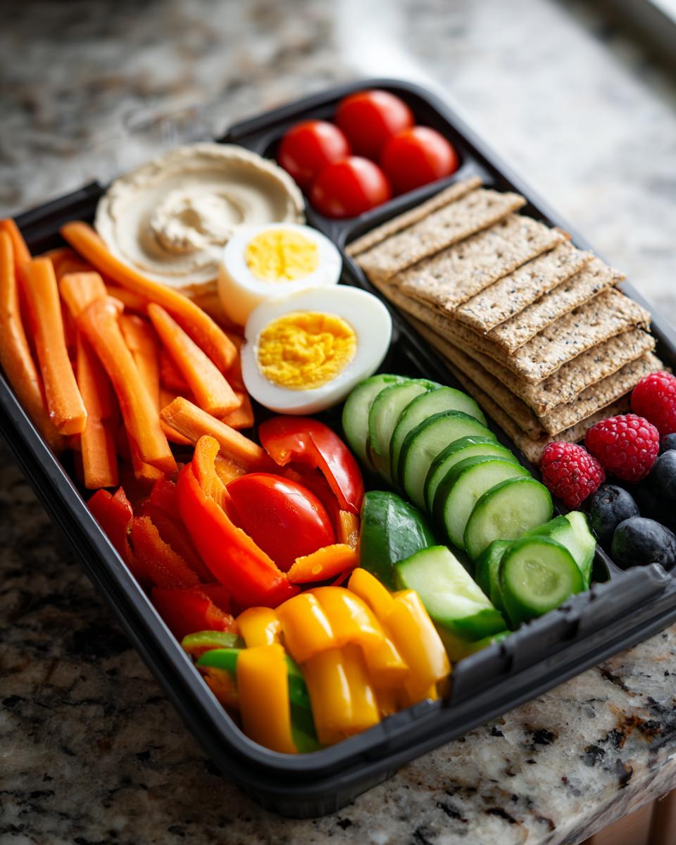 A colorful veggie hummus bento box with carrots, bell peppers, cucumber, cherry tomatoes, hard-boiled eggs, crackers, and berries.