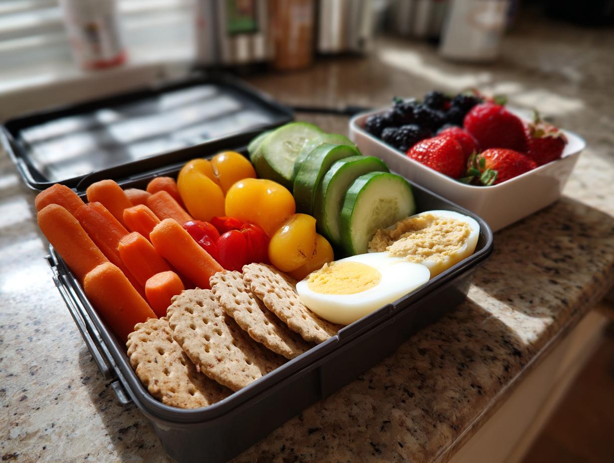 A bento box filled with healthy lunch ideas: carrots, cherry tomatoes, cucumber slices, crackers, hard-boiled egg with hummus, and a side of berries.