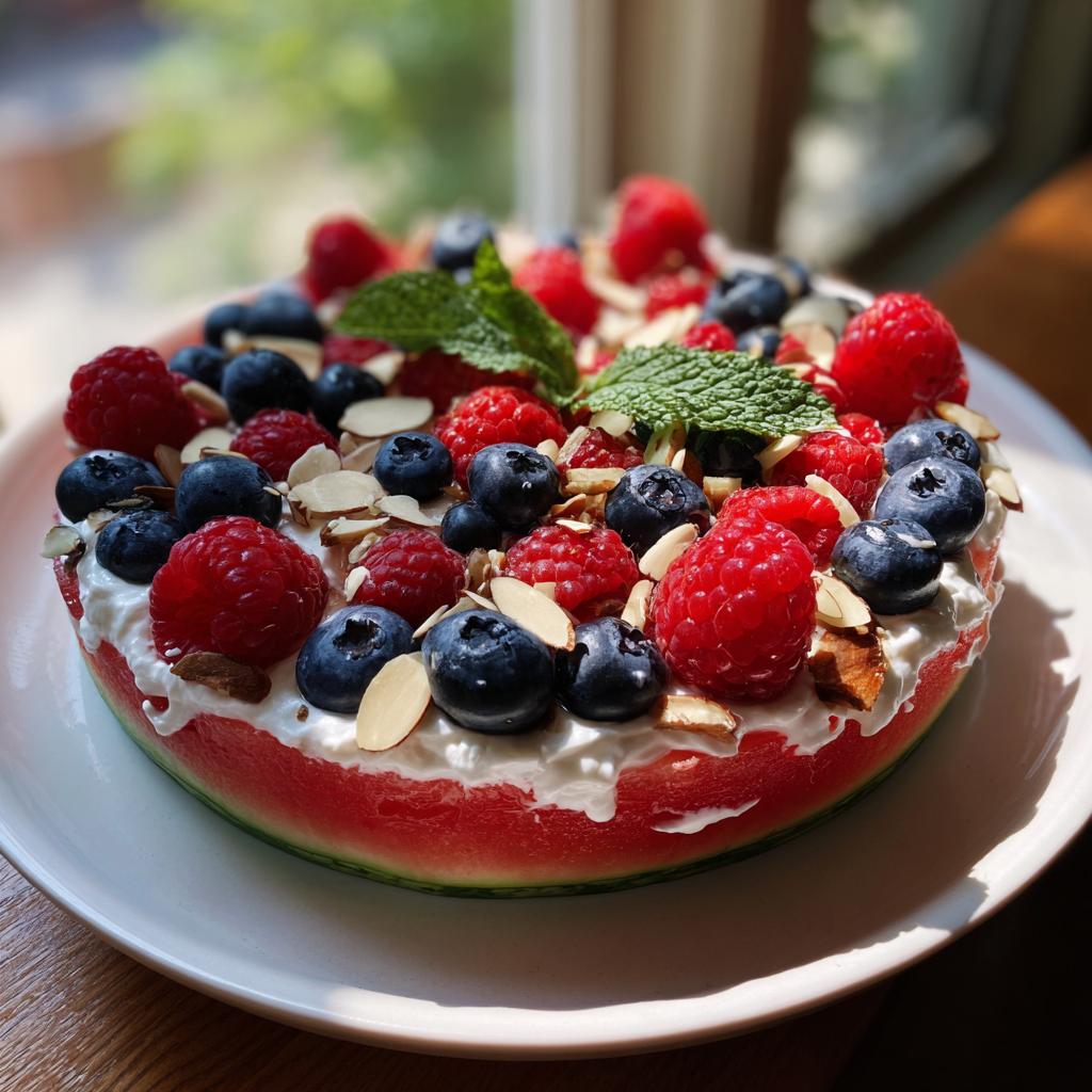 A refreshing Watermelon Berry Fruit Pizza for Summer Dessert, topped with whipped cream, blueberries, raspberries, and almonds.
