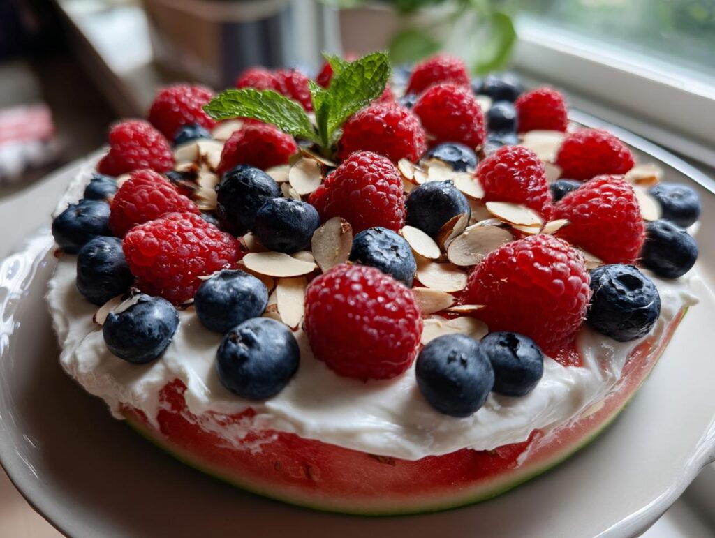 A refreshing watermelon slice topped with whipped cream, fresh raspberries, blueberries, sliced almonds, and mint.
