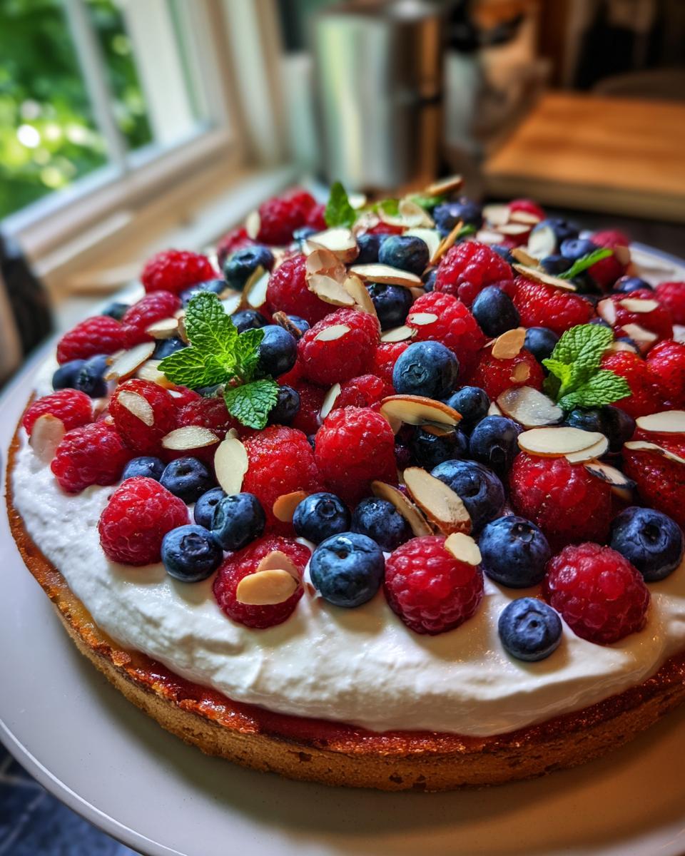 A close-up of a Watermelon Berry Fruit Pizza topped with whipped cream, fresh raspberries, blueberries, sliced almonds, and mint leaves.