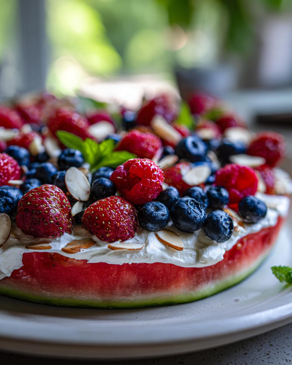 A refreshing Watermelon Berry Fruit Pizza topped with whipped cream, strawberries, blueberries, raspberries, and almonds.