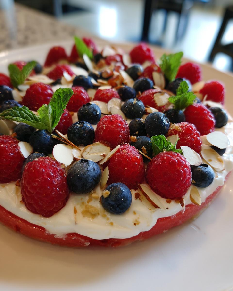 A refreshing Watermelon Berry Fruit Pizza topped with cream cheese, raspberries, blueberries, almonds, and mint.