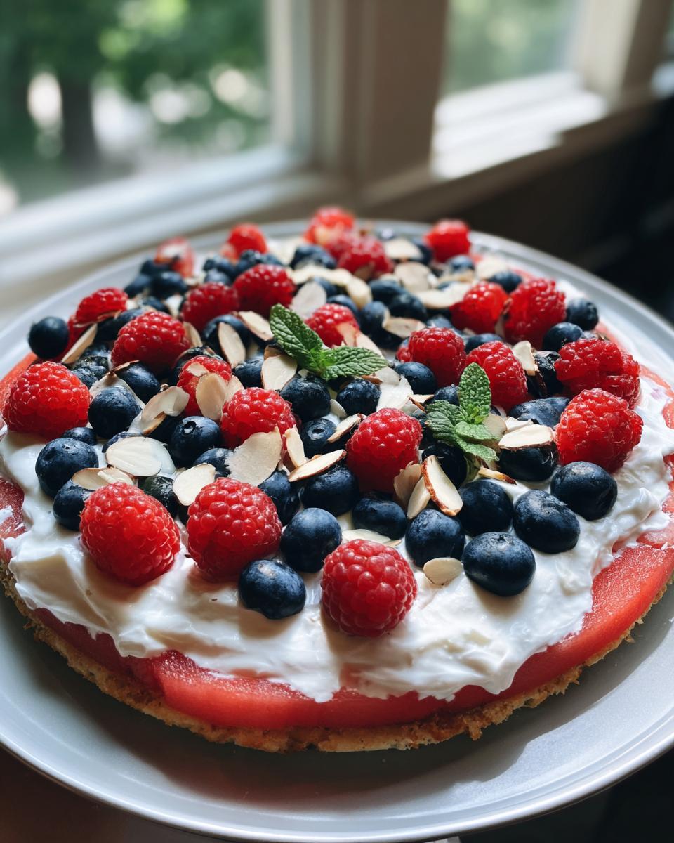 A refreshing Watermelon Berry Fruit Pizza topped with cream, raspberries, blueberries, almonds, and mint.