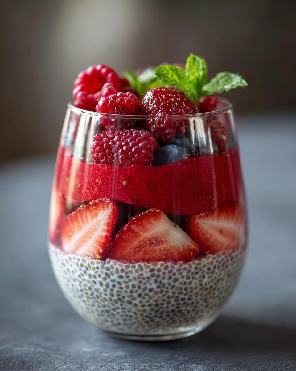 Close-up of a layered Watermelon Chia Parfait with fresh berries and fruit puree.